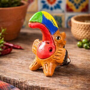 Vintage Mexican Folk Art Clay Bird Whistle Hand Painted Ocarina Pottery